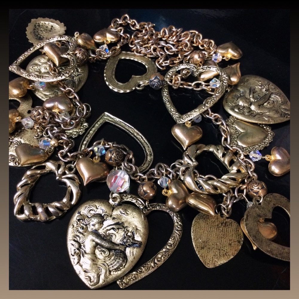 Victorian cherub heart charm necklace brass